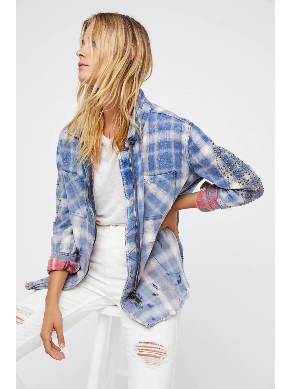 Free People Deconstructed Studded Distressed Cotton Shirt Jacket Sz M